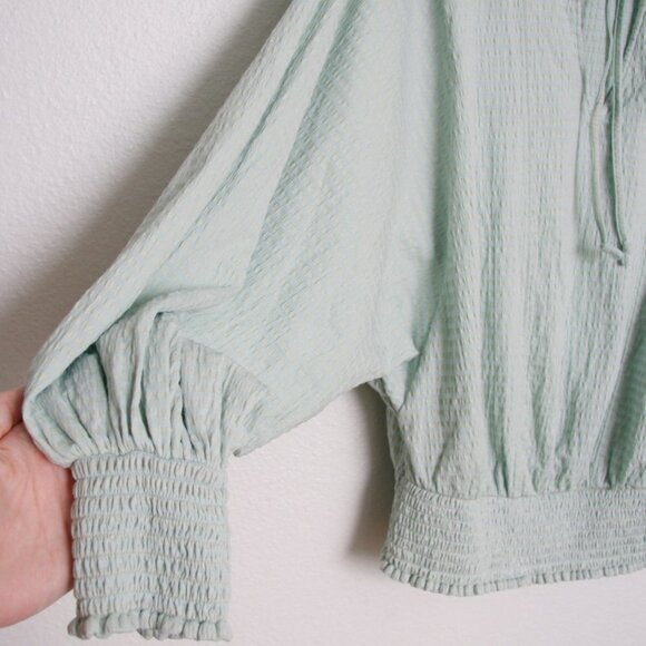 Anthropologie Rebecca Smocked Puff Sleeve Textured Peasant Blouse Light Green S - Picture 5 of 8